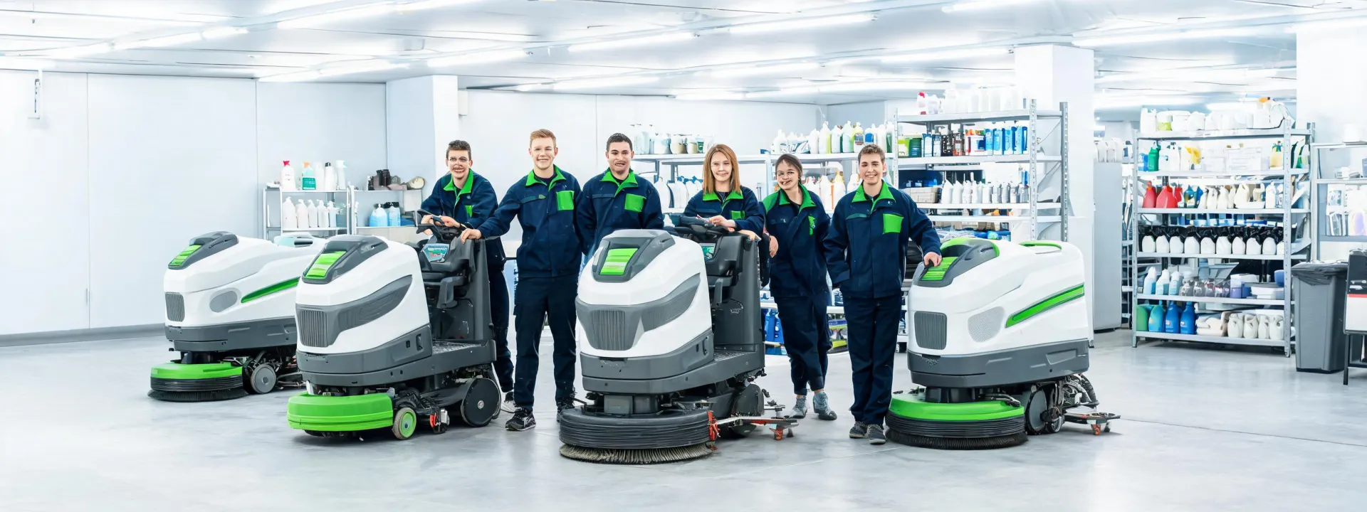 Tennant support team in a commercial cleaning equipment facility
