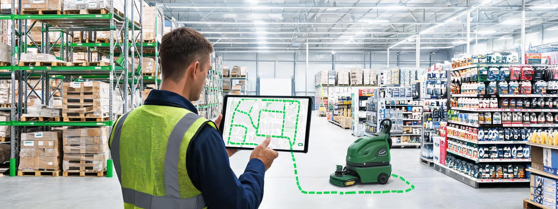 Commercial cleaning route map across a warehouse and retail facility