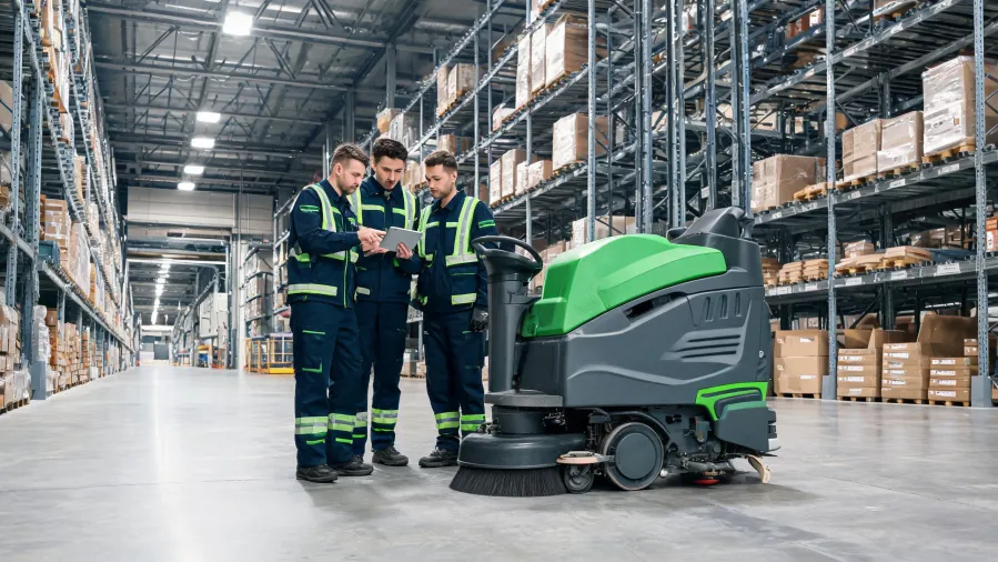 Commercial floor cleaning team reviewing equipment route