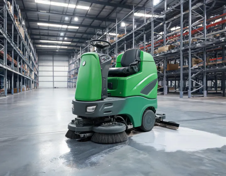 Ride-on floor scrubber cleaning a logistics aisle