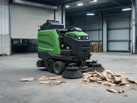 Commercial floor sweeper collecting debris