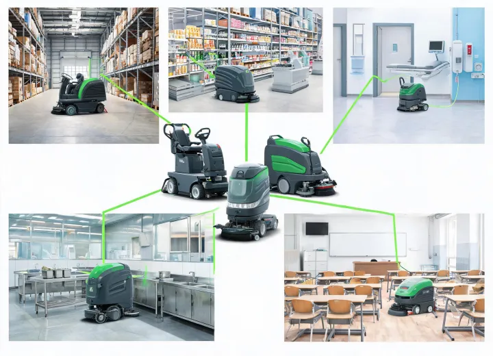 Illustrated commercial facilities connected to cleaning equipment choices