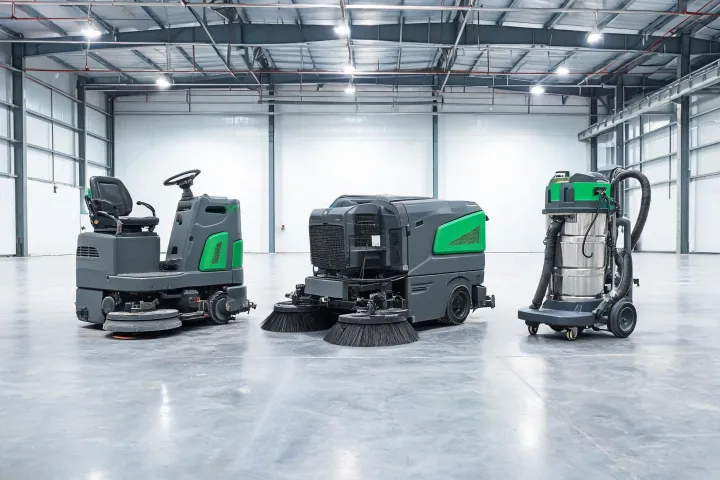 Tennant commercial cleaning machines staged in a warehouse