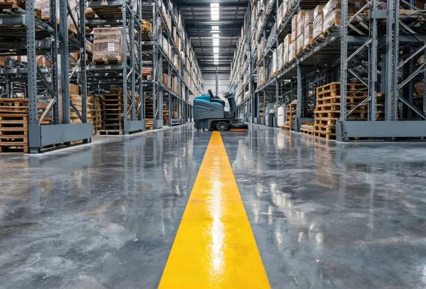 Warehouse aisle after floor scrubber cleaning