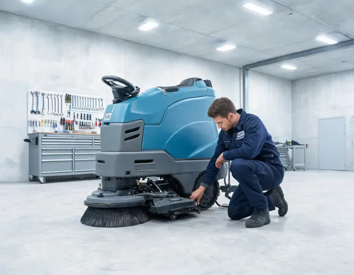Technician inspecting a floor scrubber squeegee assembly
